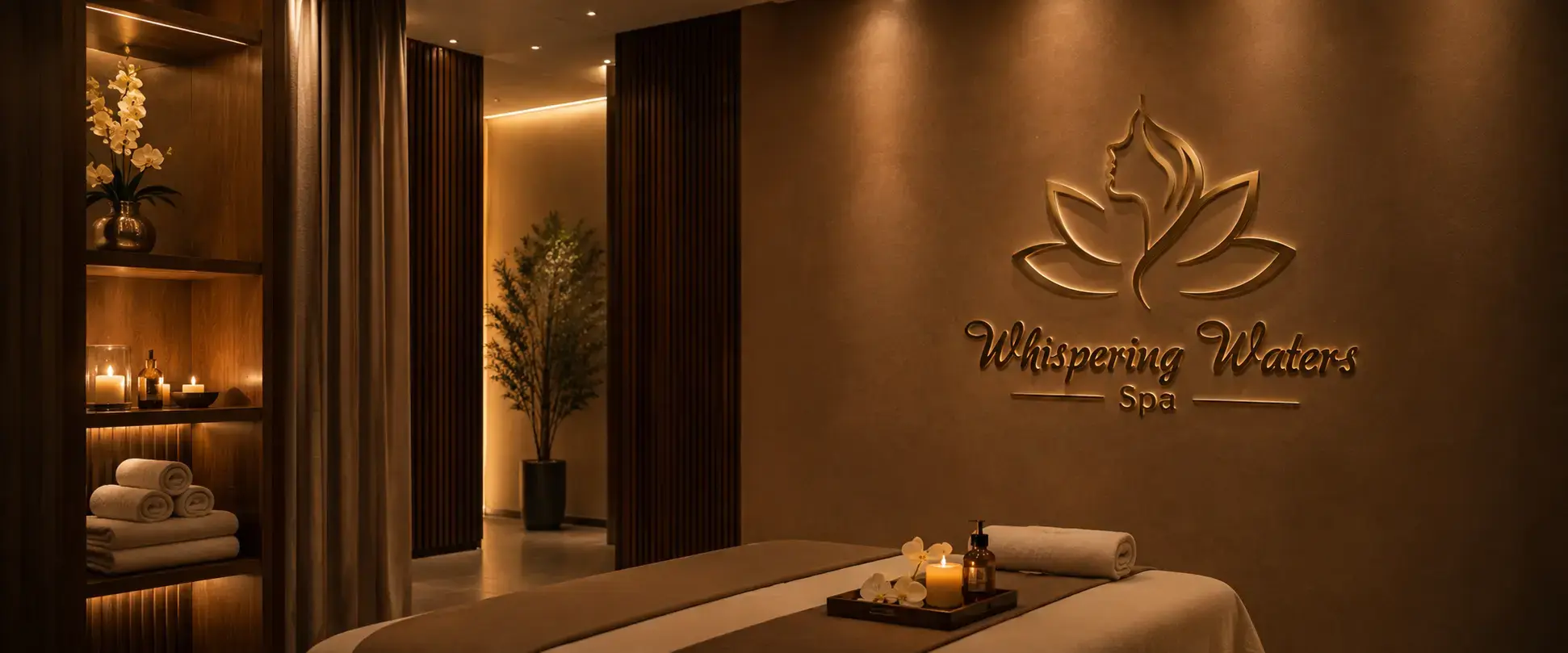 A candlelit couple's suite at Whispering Waters Spa with jacuzzi and rose petals