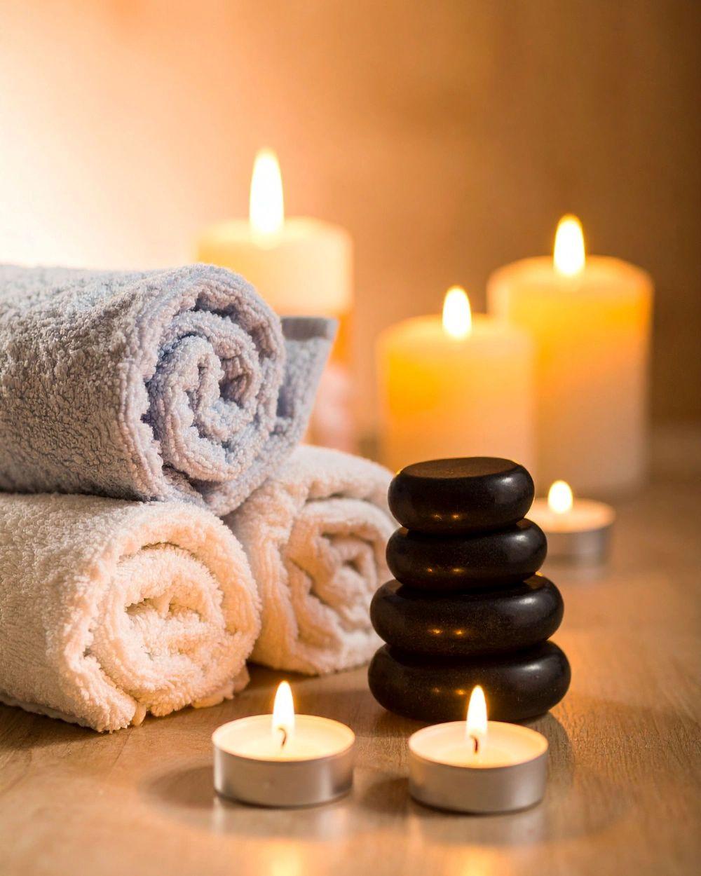 Candles, salts and a rolled towel styled for a spa ritual
